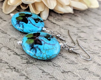 Turquoise Earrings Sterling Silver Butterfly Earrings Dangle, Bohemian Earrings Silver, Soothing Stone Third Eye, Butterfly Gifts for Women