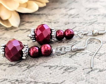 Sterling Silver Red Pearl Earrings Dangle, Wedding Jewelry for Brides Pearl, Fall Bridesmaids Gift for Her, Crimson Earrings Gothic Jewelry