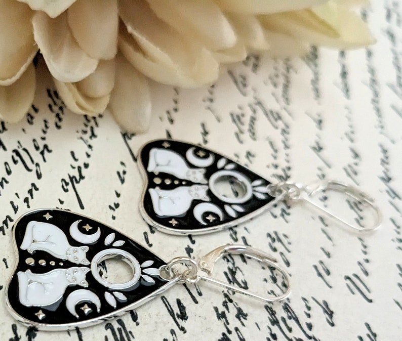 Sterling Silver Ouija Board Earrings, Planchette Earrings, Black Cat Moon Earrings Dangle, Lunar Gift for Her, Whimsigoth Gifts for Sister image 5