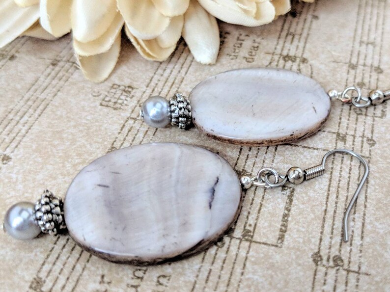 Sterling Silver Mother of Pearl Earrings Dangle, Hypoallergenic, Boho Earrings Handmade, Mothers Day Gift for Mom, Wedding Jewelry for Bride image 1