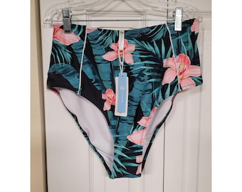 Slip bikini Cupshe a vita alta con stampa floreale tropicale e foglie di orchidea rosa, taglia XL, nuovo con etichette.