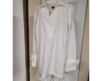 Talbots Womens White Tunic Coquette Blouse Bow Cuff V-Neck Stretch Size M