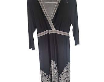 MOTHERHOOD Maternity Black Dress Floral Trim Tie Waist Womens Sz L Jersey Knit