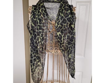 Leopard Love 100% Silk Scarf Edgy Green Black Semi-Sheer Roccobarocco Italy
