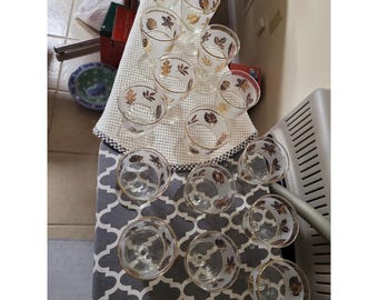 Vintage Libbey Golden Foliage Water Glassware Set of 15 Frosted Gold Leaf MCM