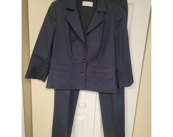 Conjunto de blazer e calça sob medida em algodão azul-marinho Badgley Mischka, tamanho 2 Petite.