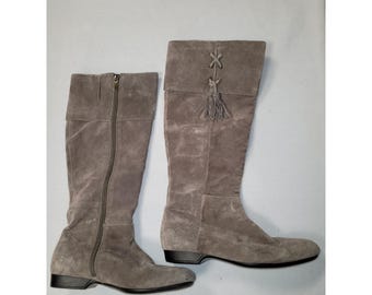 Enzo Angiolini Boho Boots Gray/Taupe Suede Leather Knee High Boho Tassel Size 5M