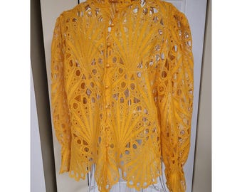 Kant mosterdgeel boho jack hoogsluitende resortwear mouw met ruches maat XXL