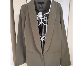 Forever 21 Womens Olive Green Open Front Shawl Collar Career Blazer Jacket L NEW