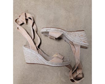 Splendid Damen Blush Tan Wildleder Ankle Wrap Espadrille Keil Sandalen Größe 8 NEU