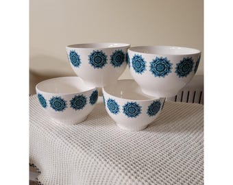 Royal Norfolk Teal Blue Mandala Medallion Stoneware Bowls Set of 4 White Ceramic