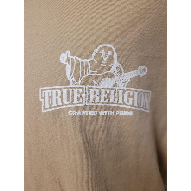 True Religion Mens Tan Graphic Buddha Guitar T Shirt Casual Brand Jeans Size L image 5