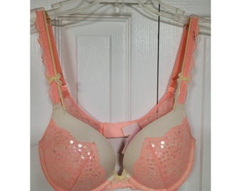 Victoria's Secret Dream Angels Push-Up Bra 34C Coral Pink Lace Sequin Underwire