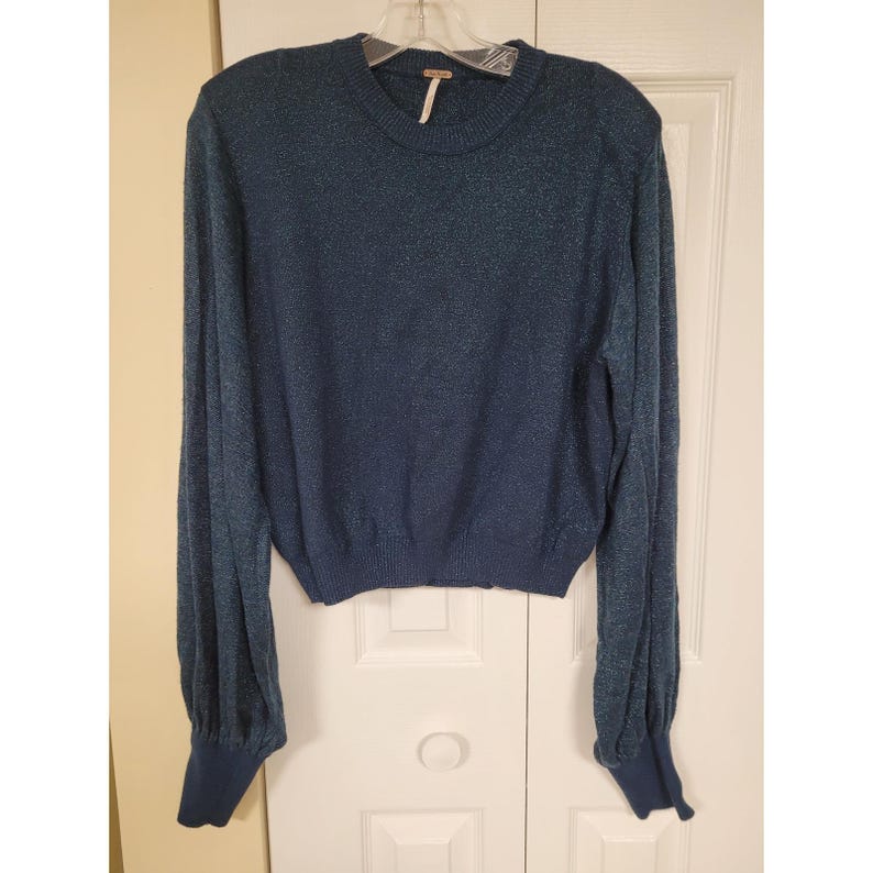 FREE PEOPLE Metallic Topaz Bishop Sleeve Sweater Vintage BOHO Y2K Sz L Festive image 1
