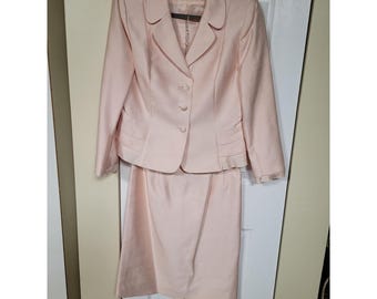Traje de dos piezas para mujer Albert Nipon VTG, mezcla de seda rosa, falda y blazer con volantes, talla 10.