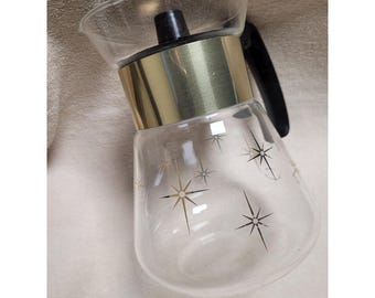 Vintage Corning Glass Coffee Carafe Starburst Atomic Gold Black MCM 4 Cup Lid