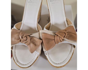 Lorenzo Chelini Sotto Sopra Women White Tan Bow Wedge Sandals Size 6 Italy