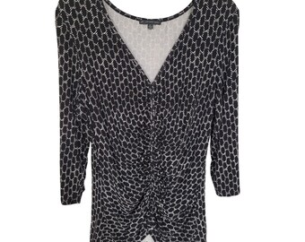 Adrianna Papell Womens XL Black White Print stretch gathered 3/4 Sleeve Top
