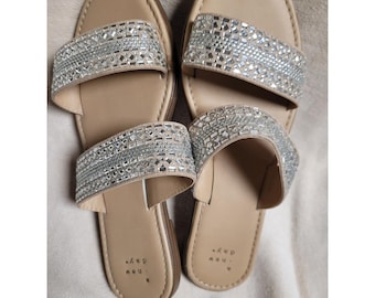 A New Day Womens Rhinestone 2 Strap Slide Sandal Cruise Glam Dressy Tan Size 8