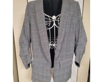 Blazer feminino xadrez Shinestar com franzido, manga 3/4 e frente aberta, cinza, tamanho P.