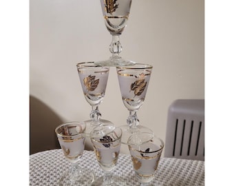 Vintage Frosted Gold Leaf Cordial Glasses Set of 20 Mid Century Liqueur Barware