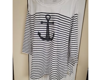 Emily Daniels Nautical Striped Sequin Anchor Tunic Top Navy/White Size L