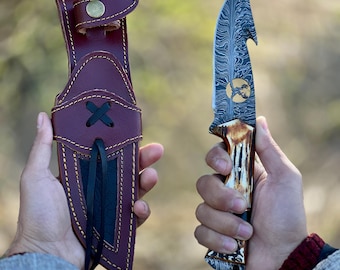 Handmade Damascus Gut Hook Hunting Knife Full Tang Antler Handle with Sheath Outdoor Knife Gift for him Birthday & Christmas Gift