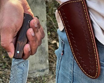 Handmade Damascus EDC Hunting Skinner Knife with Sheath – Full tang 8" Overall, 4" Blade, Rosewood Handle