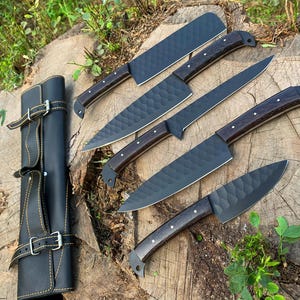 Personized Kitchen Knife Set with Block - Anniversary Gift for Her - Black Coated Carbon Steel Full Tang Blades with Leather Bag