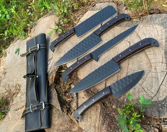 Personized Kitchen Knife Set with Block - Anniversary Gift for Her - Black Coated Carbon Steel Full Tang Blades with Leather Bag