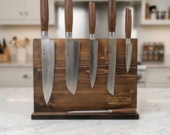 Custom Magnetic Knife Holder for Countertop, Wooden Knife Block Board, Personalized Kitchen Knife Organizer Stand, Rustic Housewarming Gift
