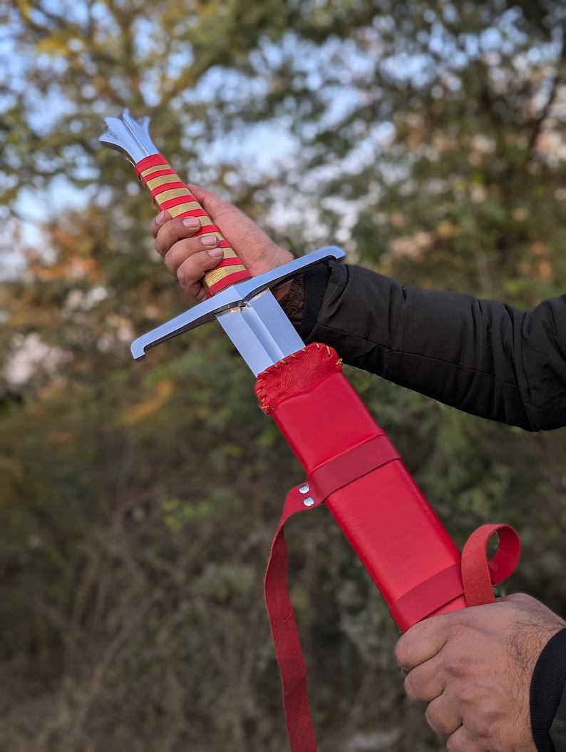 Medieval Sword Carbon Steel Long Sword with Custom Scabbard - Ideal Gift for Father's Day, Groomsmen, or Him Red