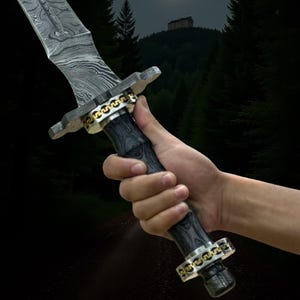 May include: A detailed image of a sword with a patterned blade and a dark wooden handle. The handle is accented with gold-colored metal rings. The sword is held in a hand against a backdrop of a forest and a castle.