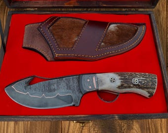 Personalized Copper Damascus Gut Hook Hunting Knife Custom Handmade – Laser-Engraved Leather Sheath & Wooden Gift Box for him