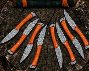 Custom Damascus Steel Steak Knife Set | Handmade BBQ Kitchen Knives Set with Wooden Handle | Personalized Gift for Him Husband
