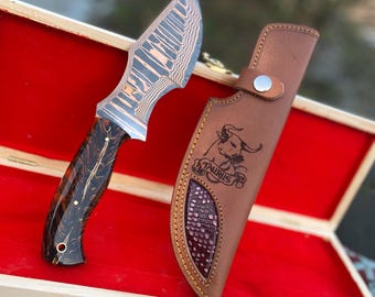 Personalized Copper Damascus Tracker Knife Custom Handmade – Laser-Engraved Leather Sheath & Wooden Gift Box for him