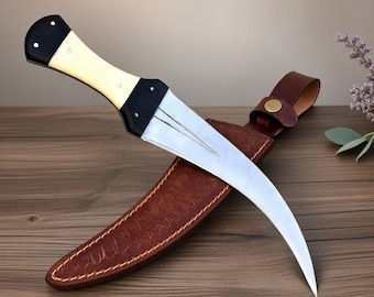 Handcrafted Arabic Jambia Dagger Knife - Full Tang High Carbon Steel Blade - Bone & Black Micarta Handle - Includes Sheath - Gift for Men