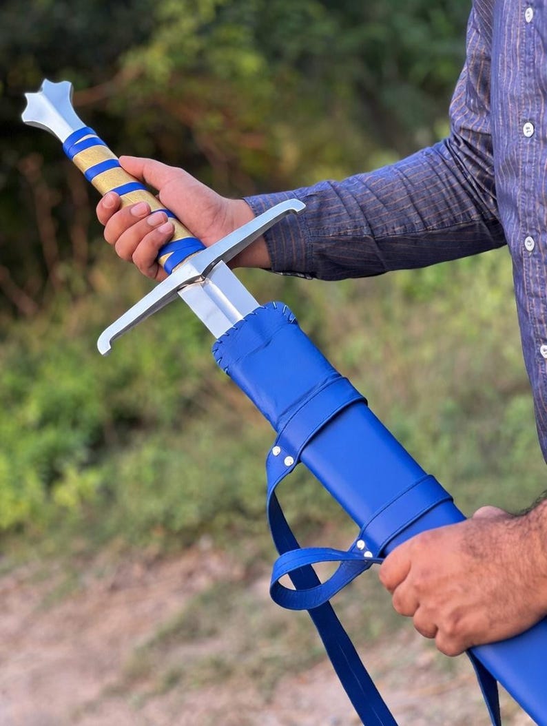 Medieval Sword Carbon Steel Long Sword with Custom Scabbard - Ideal Gift for Father's Day, Groomsmen, or Him Blue