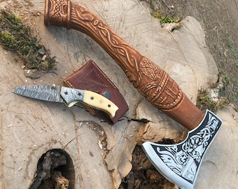 Hand Forged Carbon Steel Viking Axe + Pocket Knife - Functional Gift for Men & Women Personalized Wooden Box, Perfect for Wedding Groomsmen