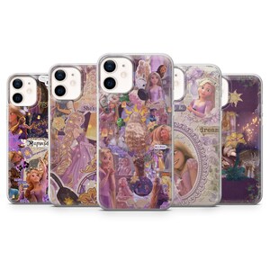 May include: Five clear phone cases with various designs featuring a princess theme. The cases showcase images of a princess in shades of purple, gold, and white. Some cases have text, and the overall aesthetic is whimsical and decorative.