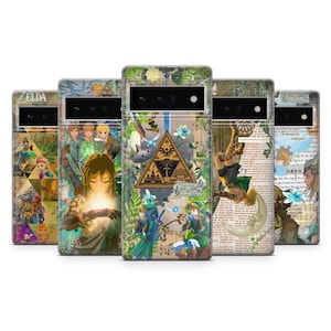 Peut inclure: Une collection de cinq coques de téléphone avec des motifs colorés inspirés de la série de jeux vidéo The Legend of Zelda. Chaque coque présente différents personnages, symboles et scènes du jeu, avec divers styles artistiques et arrière-plans.