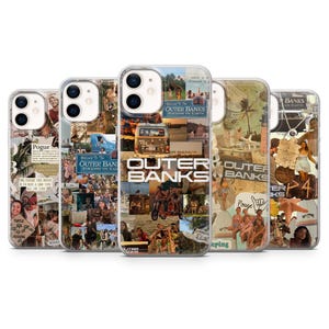 Puede incluir: Una colección de cinco fundas transparentes para teléfonos con diseños de collage. Cada funda presenta imágenes y texto relacionados con el tema Outer Banks, incluyendo las palabras "Outer Banks" y "Paradise on Earth."