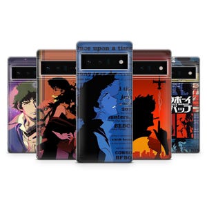 May include: A collection of phone cases featuring anime-style artwork. The cases display various character illustrations in shades of blue, orange, and purple. Some cases have text, including "COWBOY BEBOP" and Japanese characters.