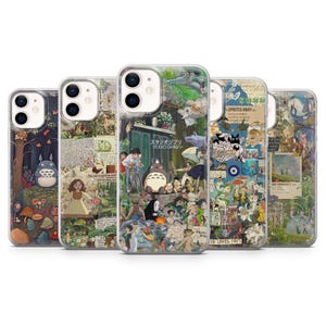 Może przedstawiać: Pięć przezroczystych etui na telefon z kolorowymi wzorami przedstawiającymi postacie i sceny z filmów studia Ghibli. Etui prezentują różne ilustracje, w tym sceny leśne, postacie i tekst.