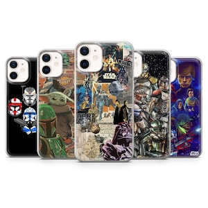 May include: A collection of phone cases featuring Star Wars characters and scenes. The cases display images of Darth Vader, Baby Yoda, stormtroopers, and other iconic characters. The cases are in various colors and designs.