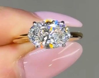 3CT East West Oval Cut Moissanite Engagement Ring, Solid Gold Solitaire Wedding Ring, Antique Hidden Halo, Anniversary Ring, 14k Solid Gold.