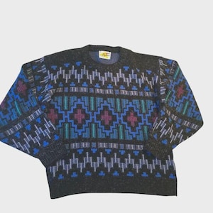 Vintage 80s Popular Brand Black and Blue Crewneck Sweater with Geometric Pattern