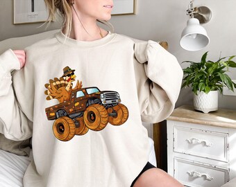 Boys Thanksgiving Sweatshirt: Turkey Riding Monster Truck Pullover
