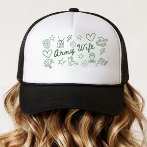 Army Wife Trucker Cap with Doodle Design, Military Spouse Hat, Adjustable Mesh Back