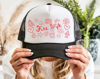 Firefighter Wife Trucker Hat: Doodle Design Fire Wife Cap